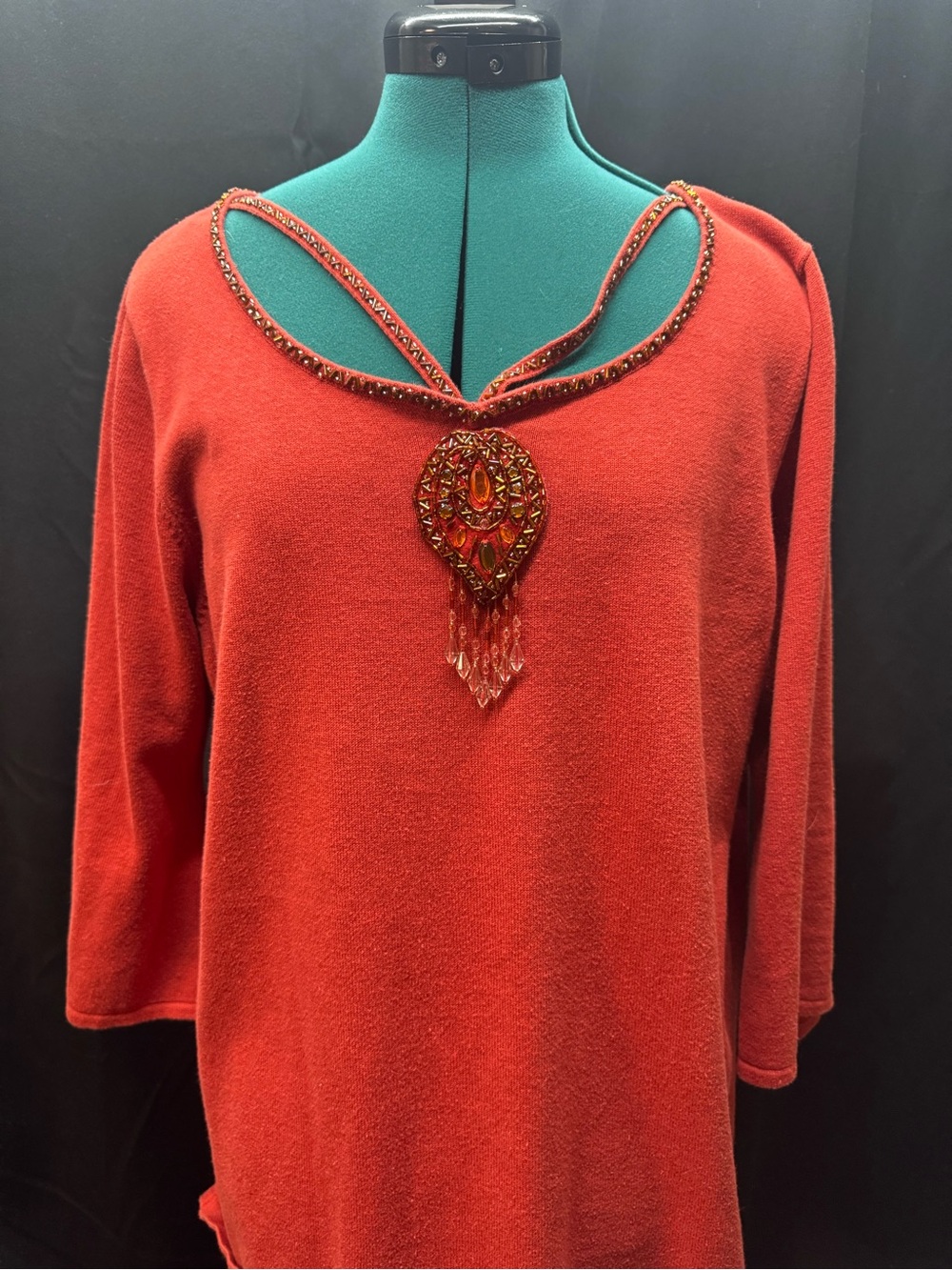 Bob Mackie Orange Embellished V-Neck Tunic with Beaded Pendant